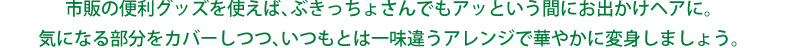 市販の便利グッズを使えば、ぶきっちょさんでもアッという間にお出かけヘアに。気になる部分をカバーしつつ、いつもとは一味違うアレンジで華やかに変身しましょう。