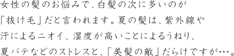 女性の髪のお悩みで、白髪の次に多いのが「抜け毛」だと言われます。夏の髪は、紫外線や汗によるニオイ、湿度が高いことによるうねり、夏バテなどのストレスと、「美髪の敵」だらけですが・・・。