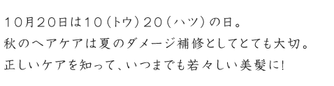 10月20日は10(トウ)20(ハツ)の日。秋のヘアケアは夏のダメージ補修としてとても大切。正しいケアを知って、いつまでも若々しい美髪に!