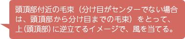 頭頂部付近の毛束(分け目がセンターでない場合は、頭頂部から分け目までの毛束)をとって、上(頭頂部)に逆立てるイメージで、風を当てる。