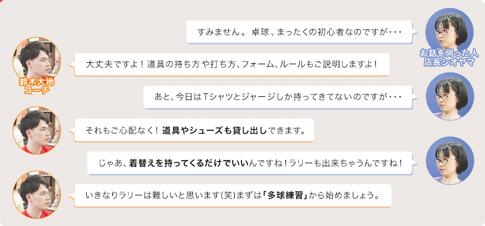 すみません。卓球、まったくの初心者なのですが…大丈夫ですよ！道具の持ち方や打ち方、フォーム、ルールもご説明しますよ！あと、今日はTシャツとジャージしか持ってきてないのですが･･･それもご心配なく！道具やシューズも貸し出しできます。じゃあ、着替えを持ってくるだけでいいんですね！ラリーも出来ちゃうんですね！いきなりラリーは難しいと思います(笑)まずは「多球練習」から始めましょう。