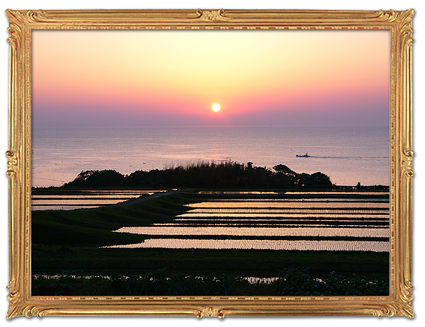 日本海の朝日と棚田