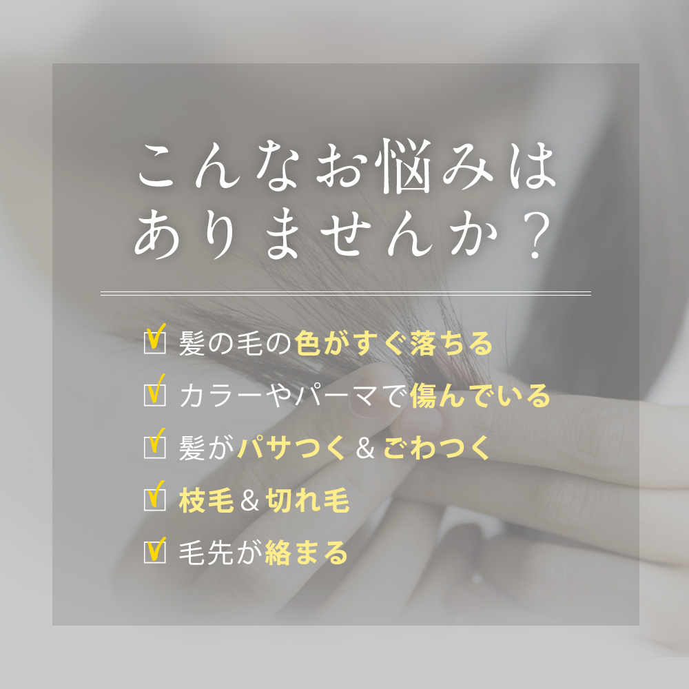 こんなお悩みはありませんか髪の毛の色がすぐ落ちる。カラーやパーマで傷んでいる。髪がパサつく&ごわつく。枝毛&切れ毛。毛先が絡まる。