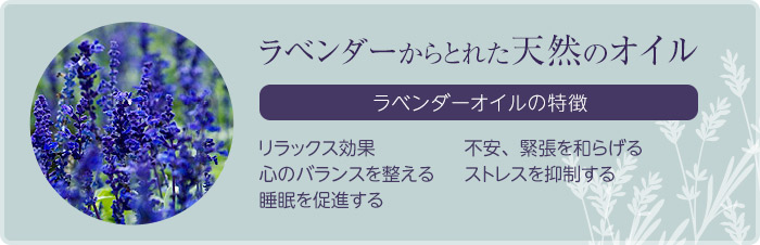 天然ラベンダー100%配合。ラベンダーオイルの特徴。リラックス効果。心のバランスを整える。睡眠を促進する。不安、緊張を和らげる。ストレスを抑制する。神経を鎮静させる。