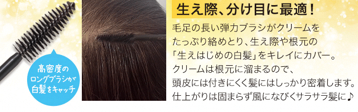 高密度のロングブラシが白髪をキャッチ。生え際、分け目に最適!毛足の長い弾力ブラシがクリームをたっぷり絡めとり、生え際や根元の「生えはじめの白髪」をキレイにカバー。クリームは根元に溜まるので、頭皮には付きにくく髪にはしっかり密着します。仕上がりは固まらず風になびくサラサラ髪に♪