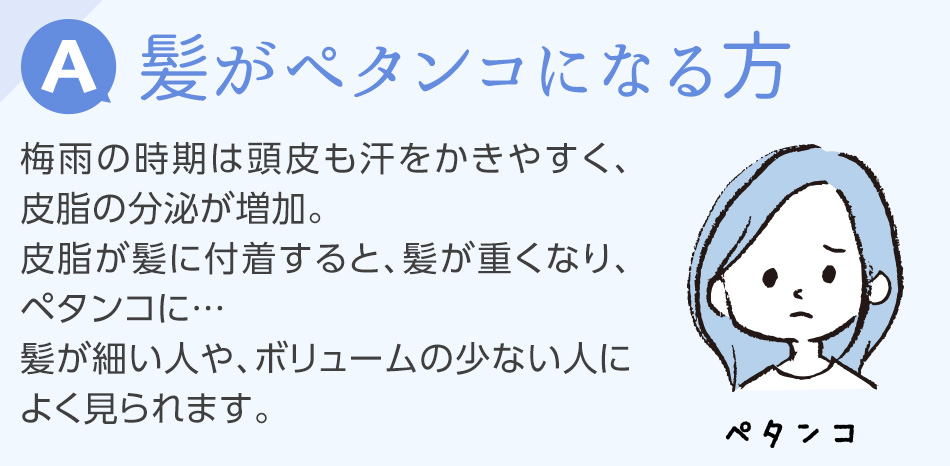 髪がペタンコになる方。梅雨の時期は頭皮も汗をかきやすく、皮脂の分泌が増加。皮脂が髪に付着すると、髪が重くなり、ペタンコに…髪が細い人や、ボリュームの少ない人によく見られます。