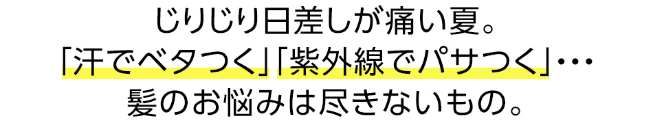 じりじり日差しが痛い夏。「汗でベタつく」「紫外線でパサつく」・・・髪のお悩みは尽きないものです。