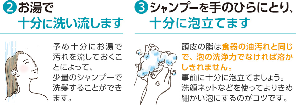 2お湯で十分に洗い流します3シャンプーを手のひらにとり、十分に泡立てます