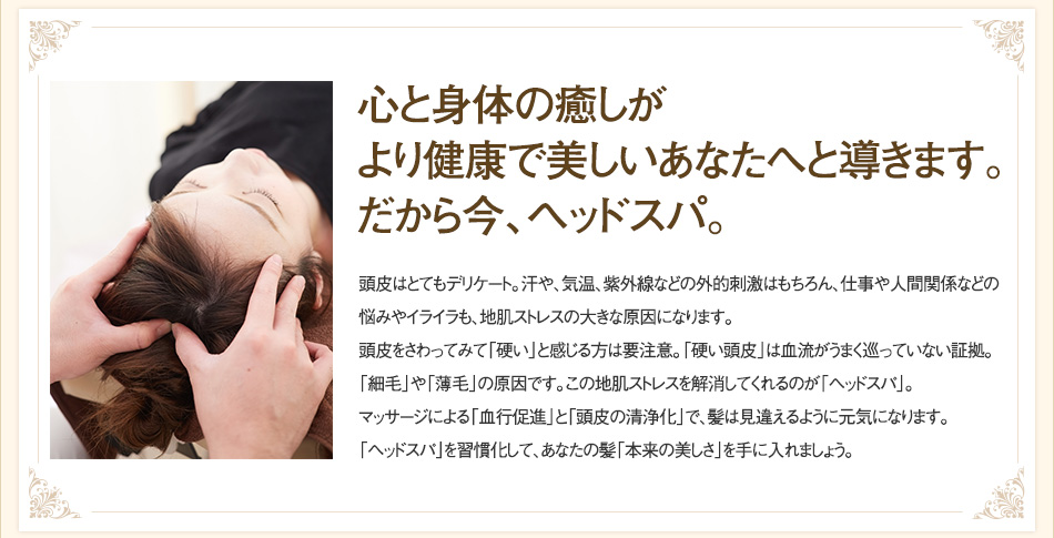 心と身体の癒しがより健康で美しいあなたへと導きます。だから今ヘッドスパ。