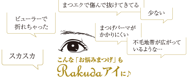 「スカスカ」「少ない」「まつエクで傷んで抜けてきてる」「まつげパーマがかかりにくい」こんな「お悩みまつげ」もRAKUDAアイに♪