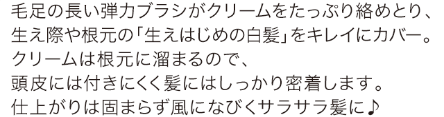毛足の長い弾力ブラシがクリームをたっぷり絡めとり、生え際や根元の「生えはじめの白髪」をキレイにカバー。クリームは根元に溜まるので、頭皮には付きにくく髪にはしっかり密着します。仕上がりは固まらず風になびくサラサラ髪に♪